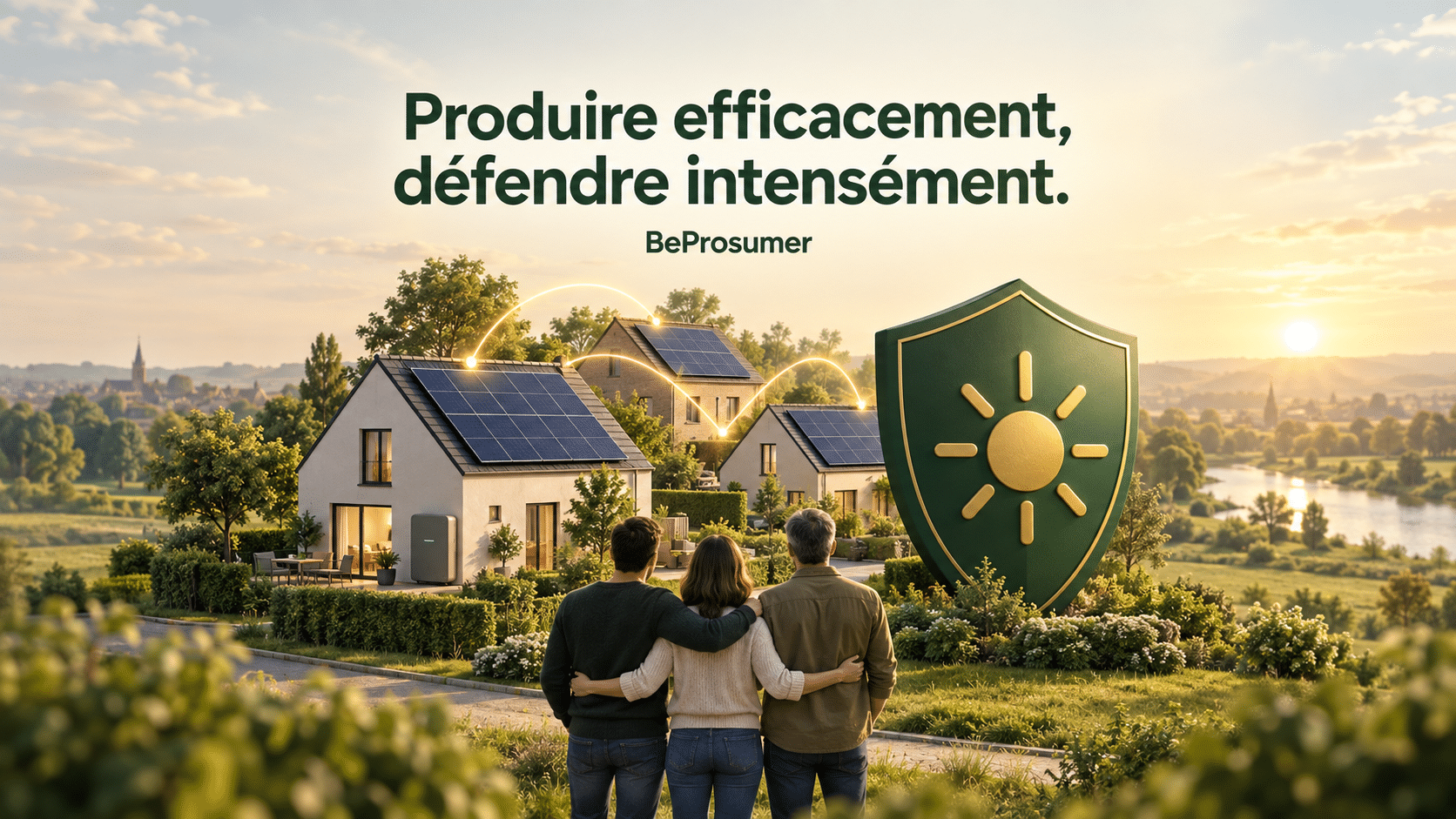 Produire efficacement, défendre intensément : des citoyens unis devant des maisons équipées de panneaux solaires et un bouclier vert symbolisant la défense des prosumers par BeProsumer.