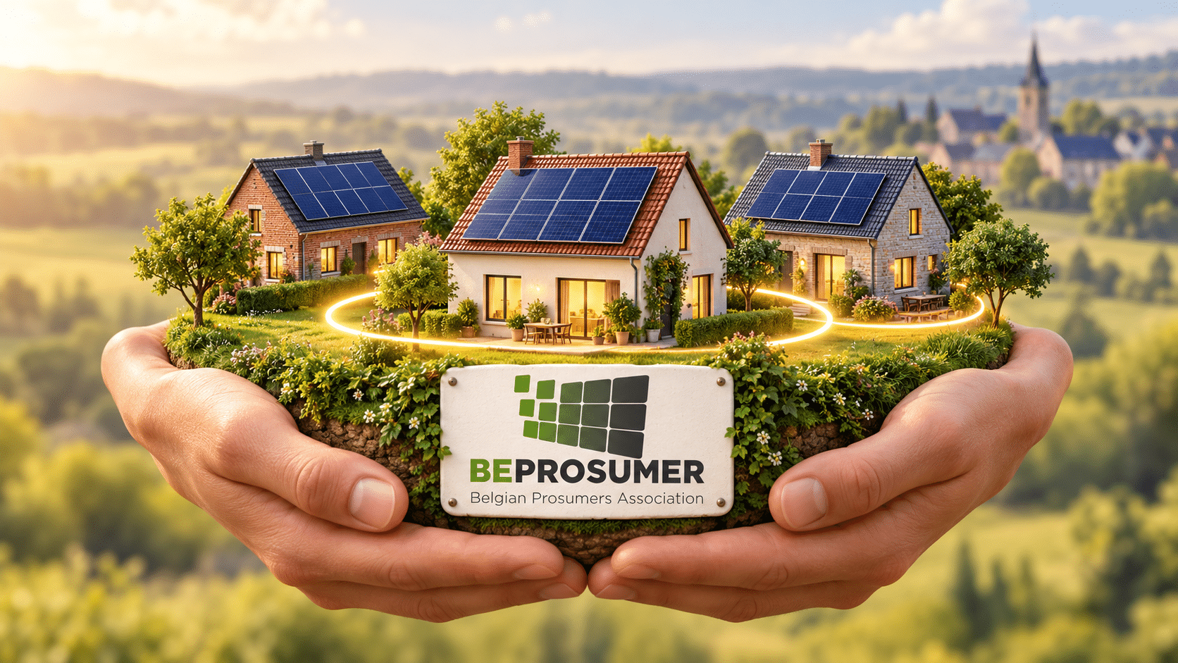 Trois maisons solaires reliées et soutenues par deux mains, avec le logo BeProsumer.